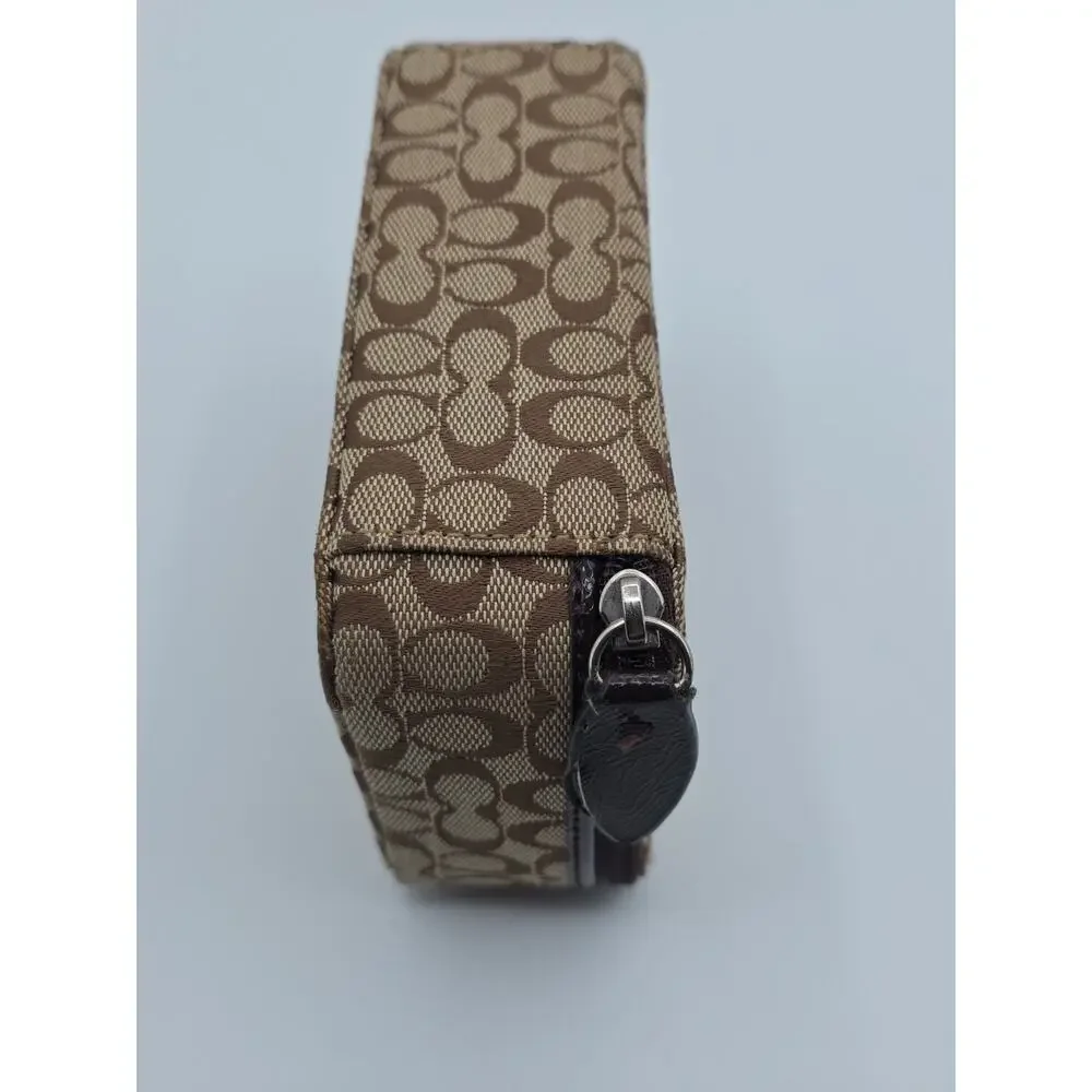 Coach Signature Travel Cosmetic Jewelery Bag Brown Leather Trim Zip Case 6x4 x2